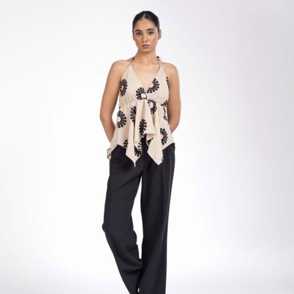 Women's Off White Floral Halter Neck Top, Sleeveless Woven Cotton, Gift for Her - Picture 5 of 8